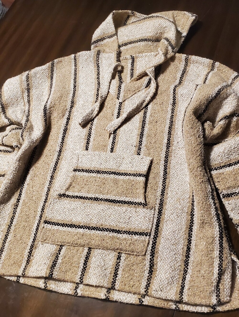 Boho Neutral Striped Mexican Baja Hoodie Pullover M/L